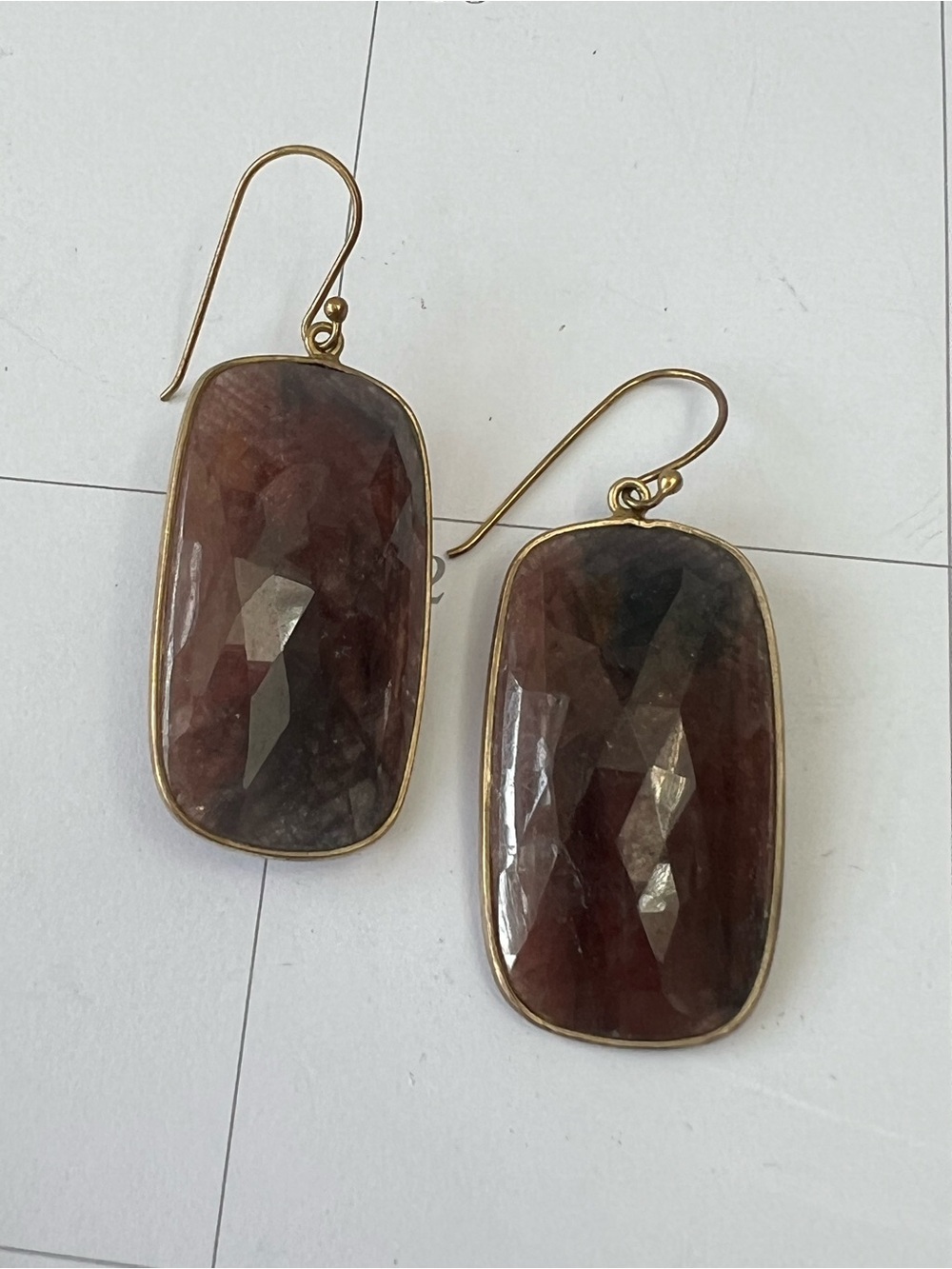 Gold-Framed red Brown Faceted Stone Drop Earrings